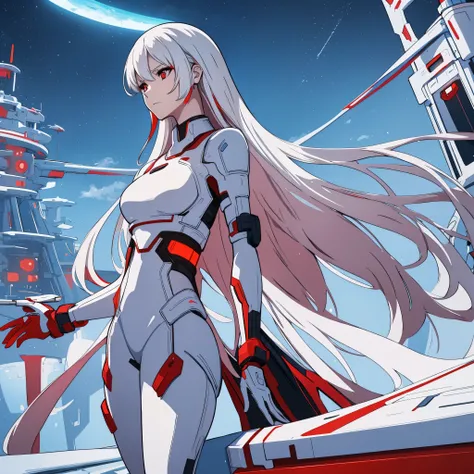 a woman , red eyes, on a white futuristic platform, sky with stars, various background structures,very detailed, ultra resolutio...