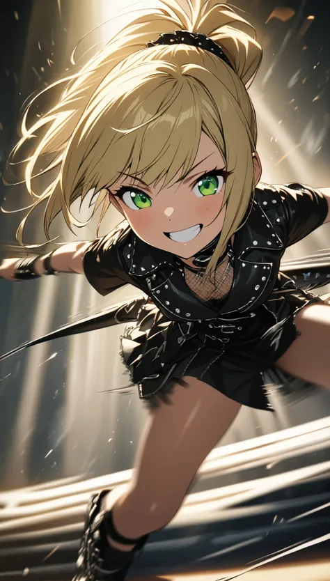 best quality, super fine, 16k, incredibly absurdres, extremely detailed, beautiful idol girl, smiling face, blonde short ponytail, green eyes, punk fashion, background fantastic and mysterious, fantasy world images, motion-blur, action-lines, speed-lines, ...