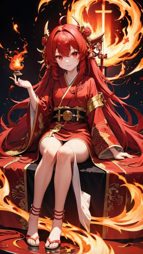 Celestial Serpent King、cute girl、personification、(Red hair)、medium long hair、fluffy hair、Red eyes、cute girl、Flashy red kimono、(full body shot)、(facing forward)、Flame pattern on head and belt、Sitting cross-legged、