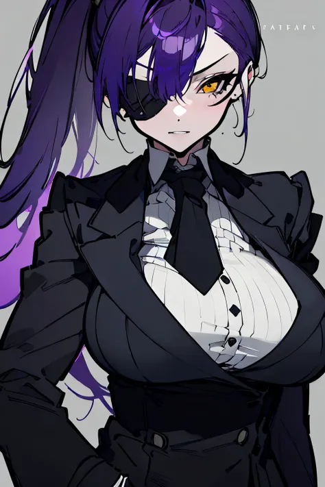 (High resolution), (In 8K), (extreme details), (best illustrations), (beautiful details), (highest quality), ( detailed face), purple hair、ponytail、yellow eyes、((eyepatch、scar))thick lips、(black jacket、pants suit、Long tie in black、white shirt、white gloves)...