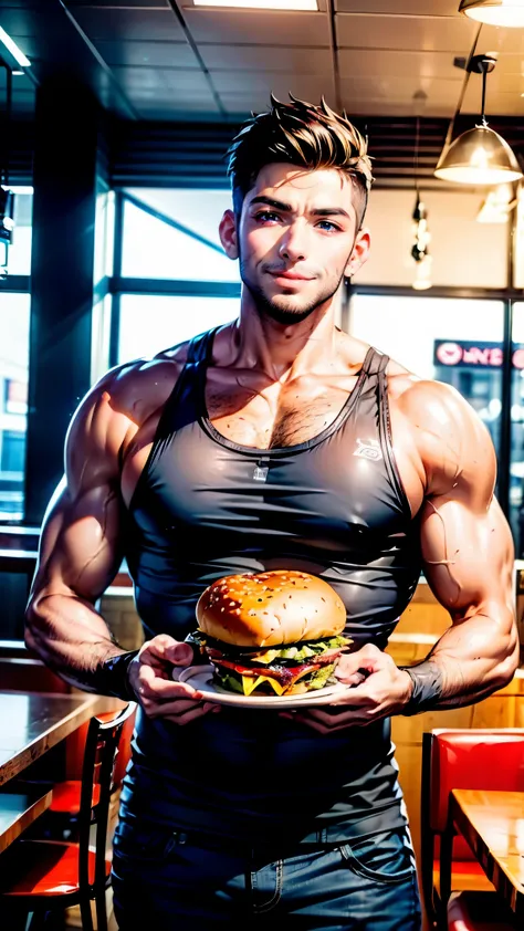 A 30-year-old Brazilian man eats a burger in a modern cafeteria，Restaurant interior decorated in blue and red colors. He is very happy, looking at camera. super detailed, photo.  