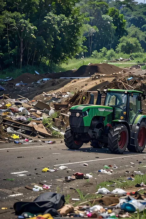 The image shows a landfill, a place where garbage is deposited, com um aspecto desolado e triste. Heaps of waste pile up, forming a disordered and polluted landscape. Garbage spreads to the edge of a nearby stream, which is full of debris and pollution.

N...