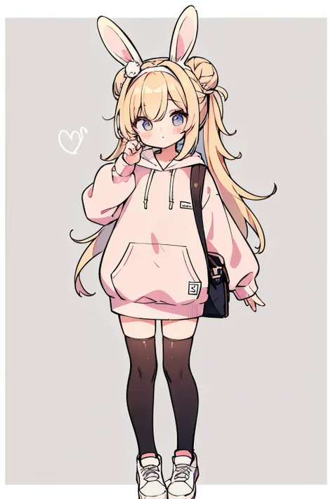 gradient hair, double bun, happy, bear ears, gradient eyes, hairband, braided bangs, ponytail, light brown hair, blonde hair, masterpiece, ccurate, high details, high quality, highres, HD >_<, white_background, thighhighs, simple_background, hood, no_human...