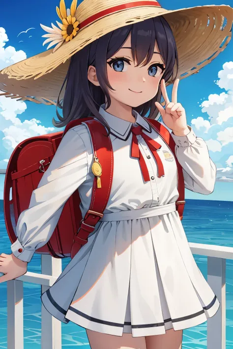 masterpiece, best quality, high resolution, extremely detailed, detailed background, cinematic lighting, 1girl, looking at viewer, absurdres, ocean, railing, white dress, sun hat, smile, wearing backpack, red backpack, (backpack:1.1)