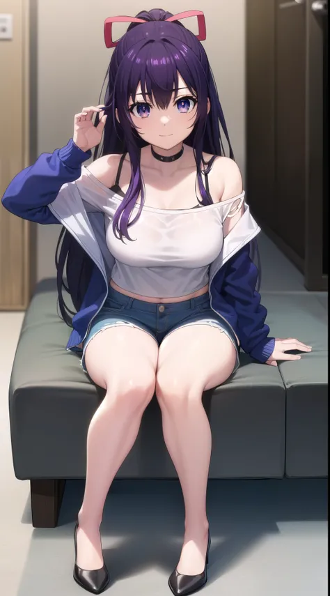 tohkayatogami, tohka yatogami casual, long hair, purple hair, alluringly smile, tight crop top, thin fabric,see through shirt, cold shoulder ,white top, long sleeves, v neck, fabric choker, blue jacket, off shoulder jacket short pants, short jeans , torn j...