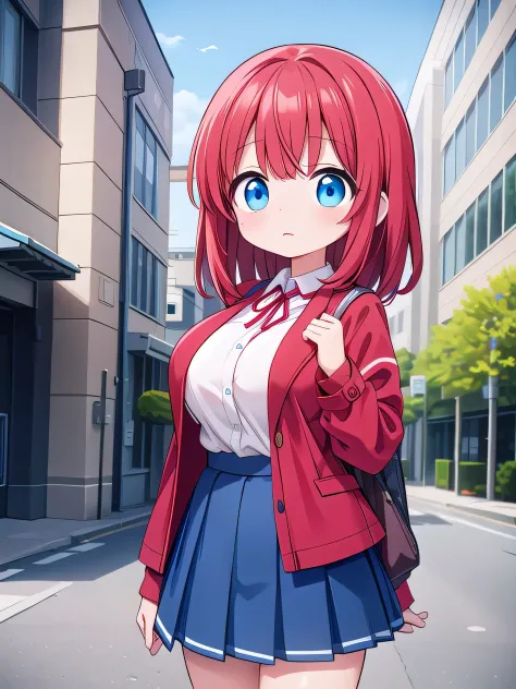 Big breasts, red hair, blue eyes, droopy eyes, red jacket, long sleeves, navy skirt, elementary school student, super big breasts, (medium hair: 1), baggy clothes, elementary school student, young face, short height, 10 years old, shy, shy, park, white shi...