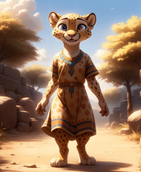 Small, young, Female, white lioness wiht cheetah skin, heterochromia blue and orange eyes, perfect legs, cute african dress, standing, (happy), full body, (soft shading), 4k, detailed face, detailed eyes, detailed, zootopia style, blank background, full bo...