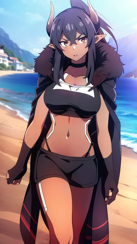 ((1girl,solo,mature female,tall)),big breasts,long hair,((black hair)),serious,horns,elf ears,black scarf,(dark skin),((midriff,black sports bra,neck fur)),(walking in a village,beach),