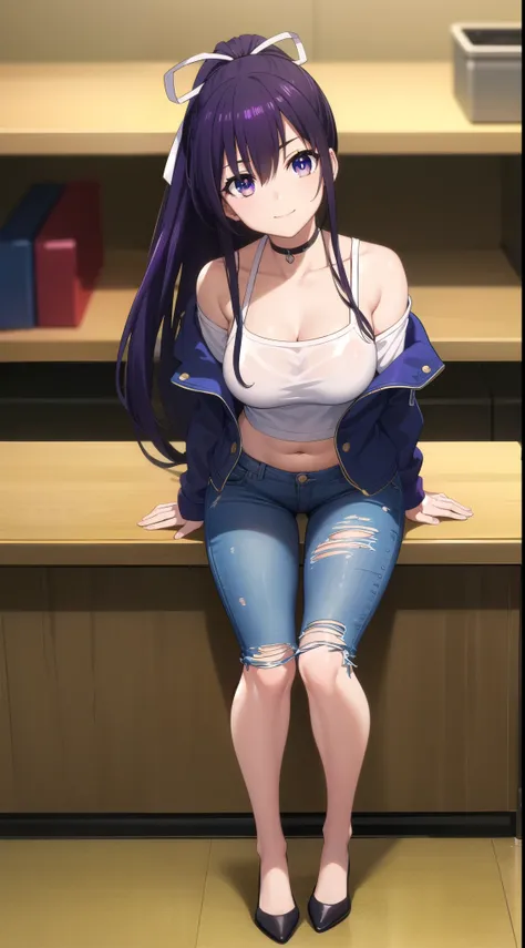 tohkayatogami, tohka yatogami casual, long hair, purple hair, alluringly smile, tight crop top, thin fabric,see through shirt, cold shoulder ,white top, long sleeves, v neck, fabric choker, blue jacket, off shoulder jacket, short pants, short jeans , torn ...