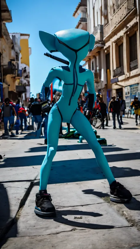 A photograph of an alien approximately 1.5 metros de alto, perdido en la plaza principal del pueblo de Calvillo, Ags.