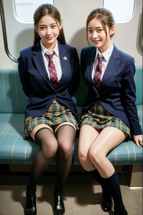 (8K), (highest quality: 1.2), (realistic), (realistic: 1.37), ultra high resolution, 1 girl, cute, smile, closed mouth, beautiful details, beautiful nose, wet hair, giant dulcefo, pork, thighs，self snap,University Student Uniform,Sitting on a train in Toky...