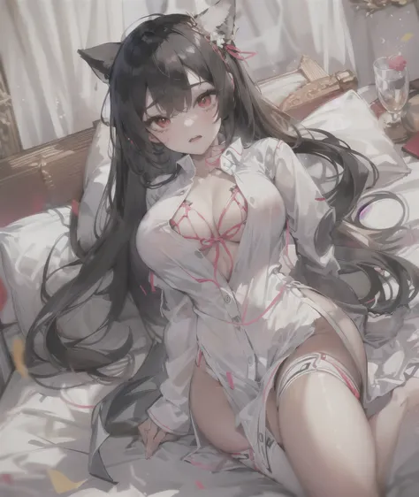 perfect anatomy, masterpiece:1.4, best quality, 8k,
(solo straight black hair long hair femdom cute girl, 18 yo, cute red eyes, rozy mouth, open mouth, bigboobs, looking to own cheat, sexy smile), in a pajamas, in the queen bedroom. 