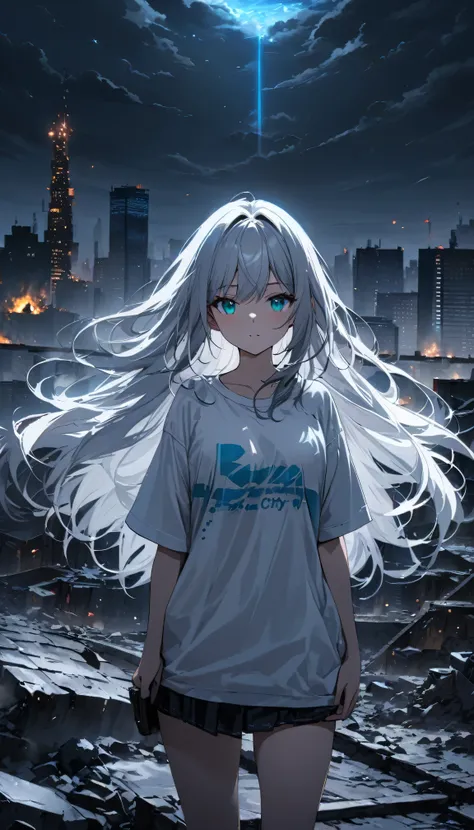 Resolution full, best quality, masterpiece, full HD, beautifull girl, foggy theme, super detailed, 1girl, cute girl, long hair, silver hair, detailed beautiful Aqua eyes, white T - shirt oversized, in wasteland, night time. At roof top skycraper. burning c...