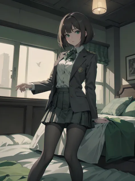 Top-High quality、Highest image quality、masterpiece、high contrast、Vulgarity、high school girl、on the bed、brown hair、bob cut、uniform、(brown blazer)、ribbon tie、(Green and gray plaid skirt)、(black tights)、cinematic lighting、fine shading