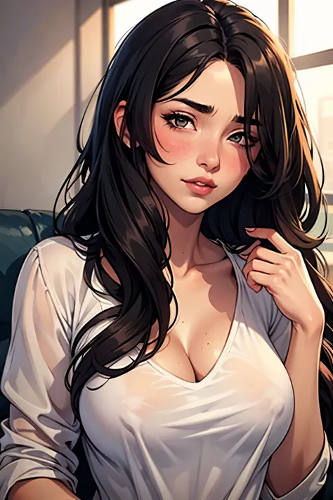 Sexy and cute woman, black brown hair, long hair, straight hair, weak eyes, blushing intensely, lips parted, ready to kiss, long oversized white shirt