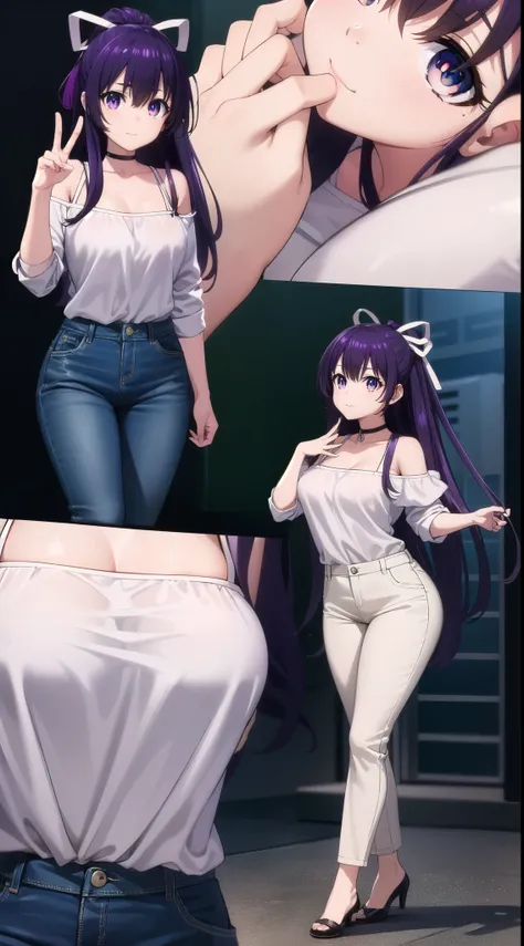 tohkayatogami, tohka yatogami casual, long hair, purple hair, alluringly smile, tight crop top, thin fabric,see through shirt, cold shoulder ,blue top, long sleeves, v neck, fabric choker, denim jacket, off shoulder jacket, white trousers, oversized trouse...