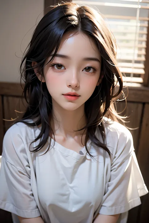 Sexy and cute woman, black brown hair, long hair, straight hair, weak eyes, blushing intensely, lips parted, ready to kiss, long oversized white shirt