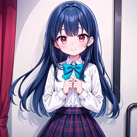 best quality, ultra-detailed, 
1girl, solo, , solo, long hair, dark blue hair, red eyes, B-cup chest, bangs,
White bowtie, shirt, long sleeves, plaid skirt, closed mouth, smiling face,