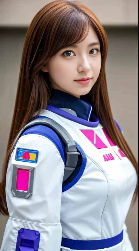 RAW, Masterpiece, Ultra Fine Photo,, Best Quality, Ultra High Resolution, Photorealistic, Sunlight, Full Body Portrait, Stunningly Beautiful,, Dynamic Poses, Delicate Face, Vibrant Eyes, (Side View) a close up of a woman in a pink and white gundam custume,...