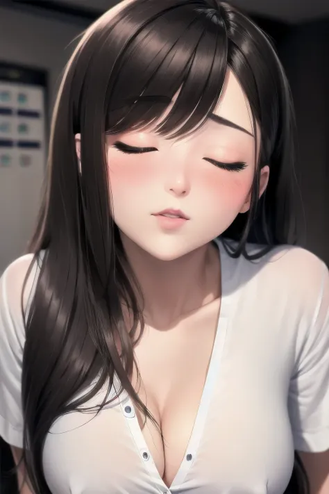 Sexy and cute woman, black brown hair, long hair, straight hair, weak eyes, blushing intensely, lips parted, ready to kiss, long oversized white shirt