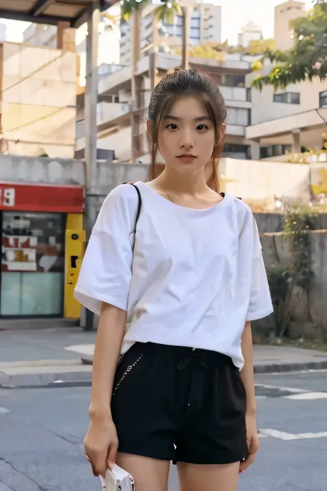 15 year old Japanese girl with white skin, ojos muy detallados, hair wolfcut, mirada tierna y detallada, labios rojos, rasgos faciales delicados. He is wearing black cotton shorts., oversize blanco con franja amarilla, cadena de oro sutil de mujer, 8k, aes...