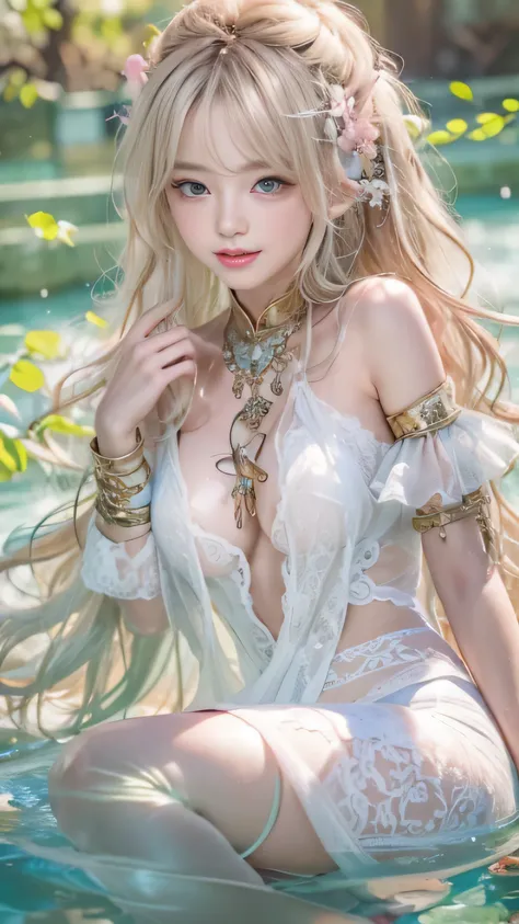 ((Beautiful woman lying in manys pond))、((Translucent white lace long dress))、1 girl, striped hair, blonde hair, one side up, shiny hair, wet hair, long hair, many, Depth of the bounds written, spark of light, letterbox, one person&#39;s perspective, Lens ...