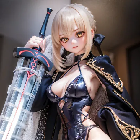 (best quality, expressive eyes, flawless face), Fate Saber in a contrapposto dress ((((wearing a sword)))) with a smile.