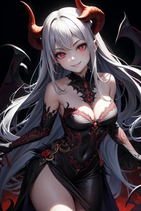 (best quality, highres:1.2), 1girl, half demon, adorable, expressive features, intricate horns, glowing red eyes, cartoon-style illustration, detailed shading, vibrant colors, ethereal lighting, captivating expression, playful and mischievous, half-body po...