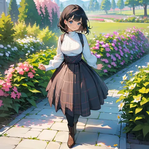 (high quality, High resolution, Super detailed, reality:1.37), peaceful atmosphere, (outdoor, garden ,flower), teenage girl standing alone, (my breasts are big.), Beautiful detail features, cute smile, (black bob hair), ribbed sweater, blue plaid skirt, bl...