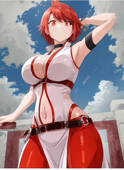 best quality, masterpiece, high quality, vesta_harem, 1girl, large breasts, cleavage, navel, side_slit, BREAK [[red_leggings]], [[[[[[red eyes]]]]]], oversized_belt