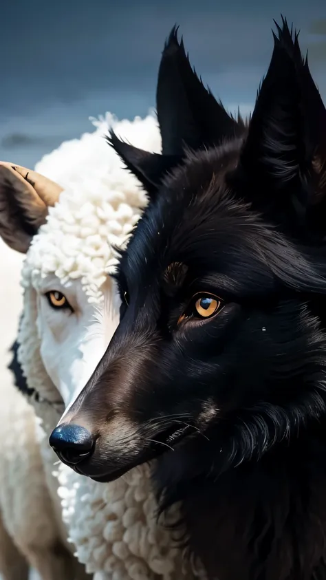 A black wolf with the head of a white sheep.