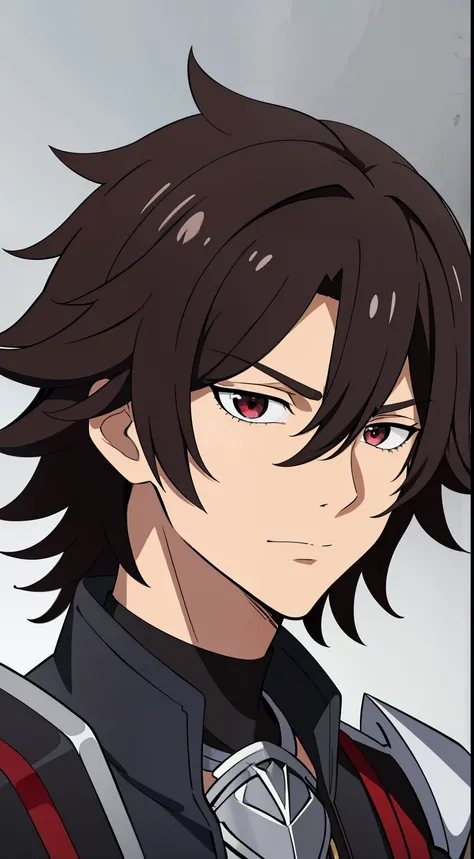 (high-quality, breathtaking),(expressive eyes, perfect face) 1boy, male, solo, age 20, young adult age, masculine face, black color hair, red eye color, spiky fluffy hair, medium hair length, messy loose hair, narrow eyes, Symmetrical Eyes, portrait, soft ...