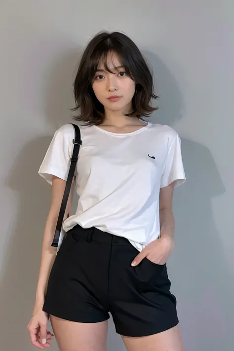 18 year old Japanese girl with white skin, very detailed and small eyes, hair wolfcut, mirada tierna y detallada, cara un redonda, labios rojos, rasgos faciales delicados. He is wearing black cotton shorts., oversize blanco con franja amarilla, cadena de o...