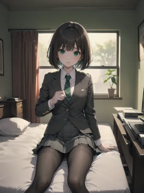 Top-High quality、Highest image quality、masterpiece、high contrast、Vulgarity、high school girl、on the bed、brown hair、bob cut、uniform、(brown blazer)、ribbon tie、(Green and gray plaid skirt)、(black tights)、cinematic lighting、fine shading