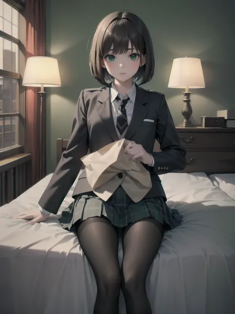 Top-High quality、Highest image quality、masterpiece、high contrast、Vulgarity、high school girl、on the bed、brown hair、bob cut、uniform、(brown blazer)、ribbon tie、(Green and gray plaid skirt)、(black tights)、cinematic lighting、fine shading