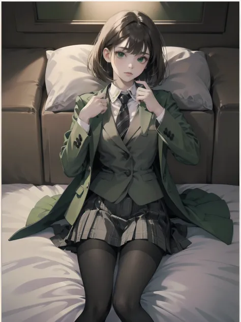 Top-High quality、Highest image quality、masterpiece、high contrast、Vulgarity、high school girl、on the bed、brown hair、bob cut、uniform、(brown blazer)、ribbon tie、(Green and gray plaid skirt)、(black tights)、cinematic lighting、fine shading