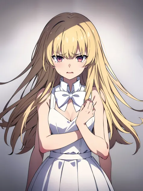 (1girl,20 years old,mature female),blonde hair,long hair,white dress, sleeveless, bow tie, bare shoulders,angry,crying,drop,cleavage,(((white background))),portrait,extra arms,four arms