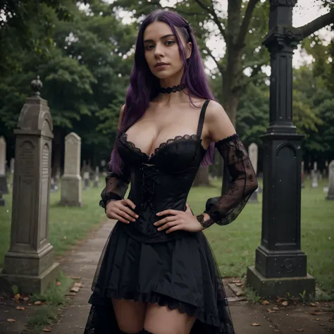 Cinematic film still, new gothic gal, young Latina, age 25, lace corset, black lace skirt, black lace choker  ((detailed face)), (detailed skin), moist, intricate details, shallow depth of field, background creepy victorian age cemetery, [volumetric fog], ...