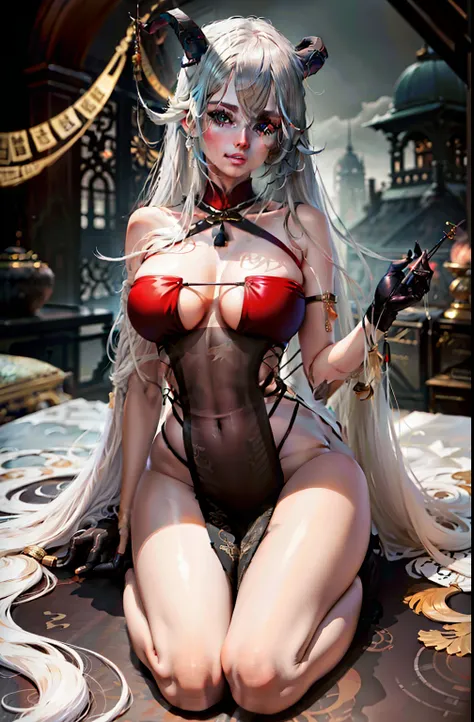 masterpiece best quality detail female mature female white hair dress black gloves hair between eyes long legs long hair parted mouth headphones black silk blue eyes beautiful sexy solo arms behind the head arms on top kneeling on the bed looking at the au...