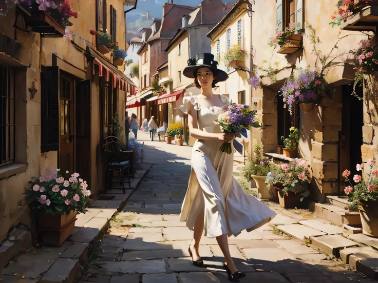 abbott fuller graves，oil painting style，european town，neighborhood，flowers bloom，a european woman walked by，whole body，simple an...