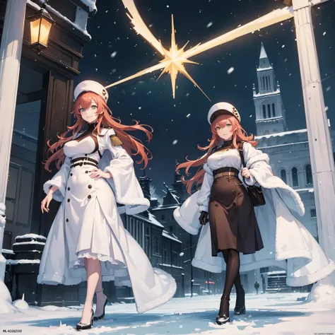 A woman wearing a white dress, with details, big breasts, white imperial Russian military hat, weak red-orange hair, green eyes, smiling, walking on a city street covered in snow, night time, yellow lighting, snowing,masterpiece, very detailed, perfect, ul...