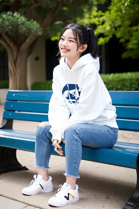 highest quality)), ((masterpiece)), (get used to it), perfect face、((highest quality)), A neat and beautiful woman sitting on a park bench、hoodie、skinny denim、sneakers、black hair、smile、smile showing teeth、full body photo、ear piercing