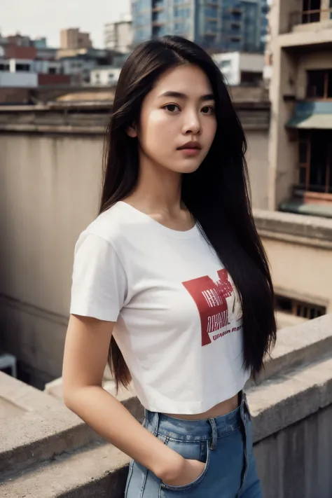 Thai woman, look at the audience, long hair, t-shirt , jeans, (town rooftops), film grain, rim light, Upper body, close-up, hands in pockets