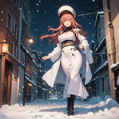 A woman wearing a white dress, with details, big breasts, white imperial Russian military hat, weak red-orange hair, green eyes, smiling, walking on a city street covered in snow, night time, yellow lighting, snowing,masterpiece, very detailed, perfect, ul...