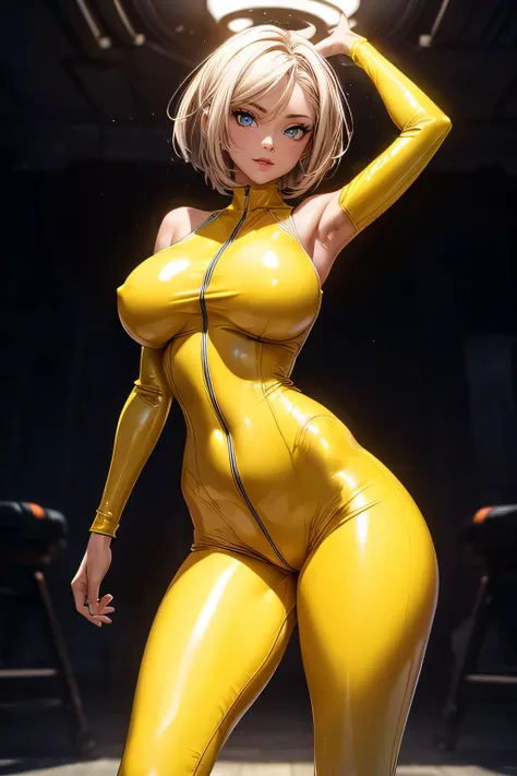 throw: ((very slim)) riley reid, (((huge breasts))), 12K HDR, (highest resolution), (highest quality), ((curvaceous silhouette)), Super detailed, Super detailed body, Super detailed face, (Wearing a sexy yellow latex suit), smile, beautiful face
