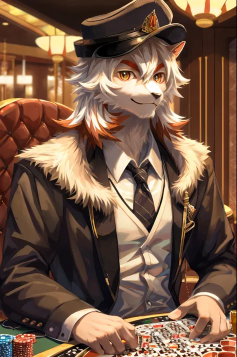 furry, male, anthro, solo, (Realistic eye details:1.2), (beautiful detailed eyes), anime character there is a Hung (/arknights/)  male, casino, Black suit, Red tie, win the game, Playing Poker Texas holdem, Five-card draw, Omaha holdem), the place is busy ...