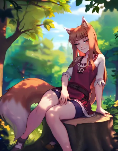 1girl, holo, animal ears, brown hair, long hair, red eyes, wolf ears, wolf girl, small breasts, wolf tail, spice and wolf, break...