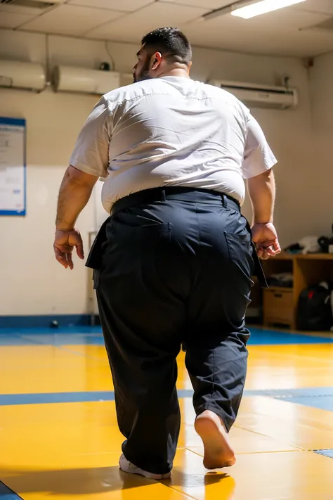 Live action，8K pixels，Inside the judo classroom，A fat man，Seeing a cockroach scream and run away in fear