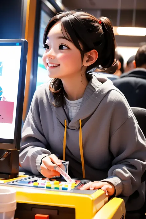 A girl looking into a stuffed animal picking game at a game center、sparkling eyes、smile、