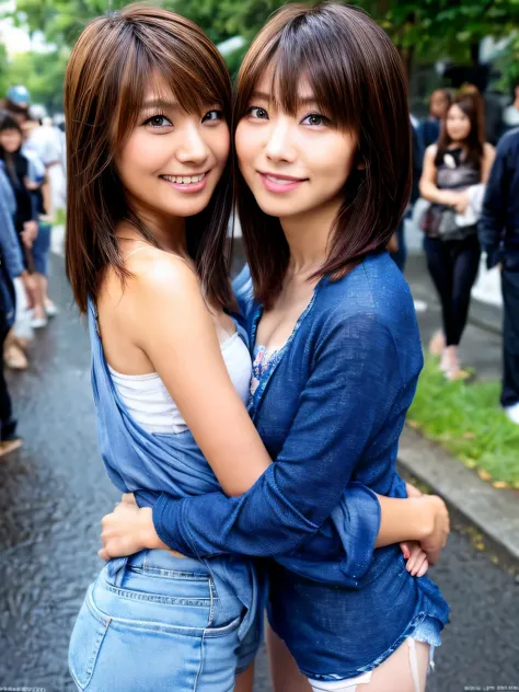 ((highest quality、8K、masterpiece:1.3))、concentrated:1.2、Identical twin sisters hugging each other、perfect body beauty:1.4、butt:1.2、((layered haircut、chest:1.2))、(wet clothes:1.1)、(rain、street style:1.3)、bandeau dress:1.1、Highly detailed face and skin textu...